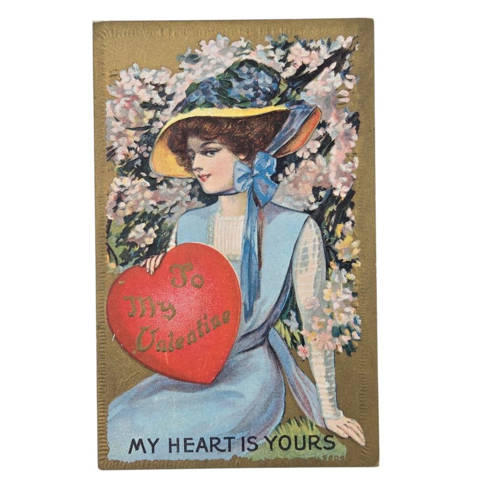Vintage Valentine Postcard Woman in Blue Dress With Red Heart My Heart Is Yours